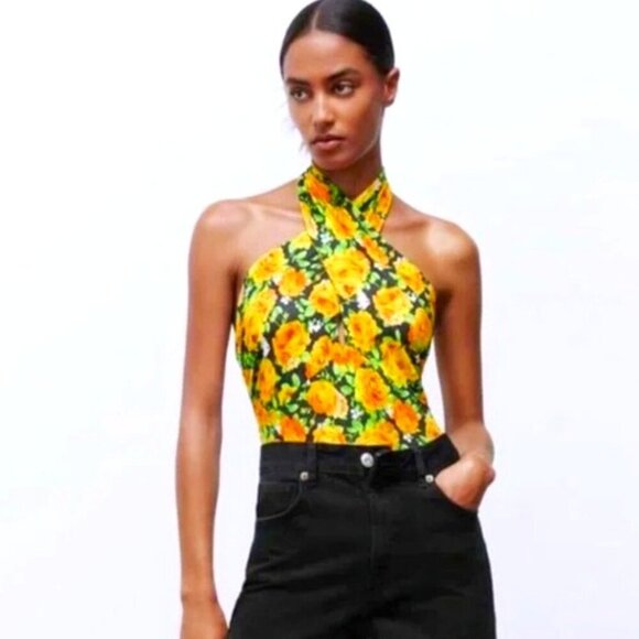 ZARA BLACK YELLOW FLORAL HALTER NECK RUCHED CUT OUT BACK BODYSUIT SIZE SMALL NWT - Picture 1 of 9